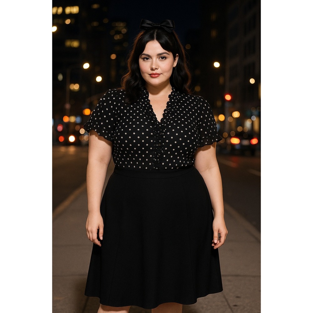 Dialogue 1X Black Polka Dot Ruffle Blouse Pin Tuck Front Coquette‎ Vtg Feminine